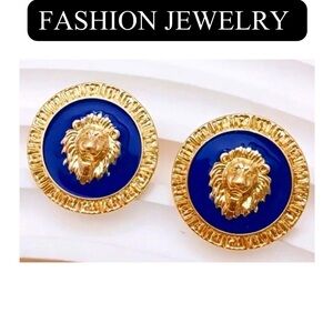 9FJ: Vintage Style Blue & Gold Tone Lion Head Stud Zinc Alloy Earrings, NIP